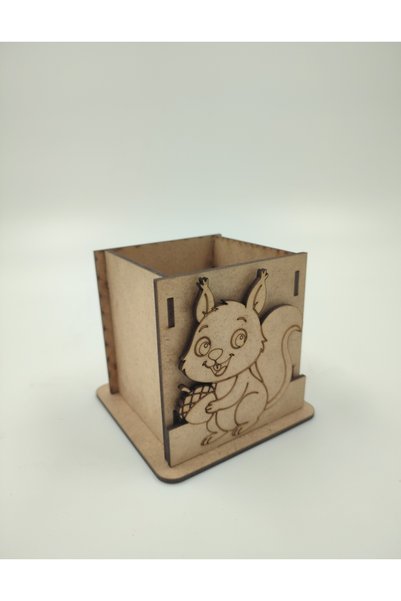 WOODIVA AHŞAP Cute Squirrel Paintable Wooden Pen Holder School DIY Activity Activity Art (9 cm X 7 cm X 9 cm)