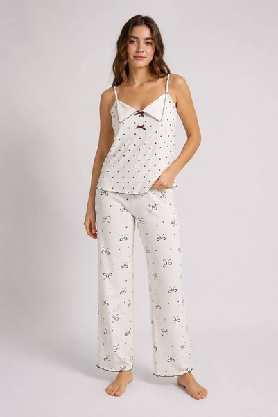 JUMALLİ Women's Strappy Ribbon Detailed Patterned Comfortable Pajama Set