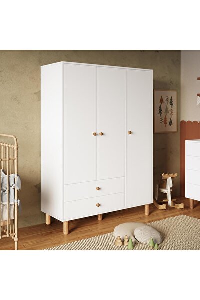Bimossa KG3040 Bunny Beyaz 120 cm, 3 Kapaklı Gardırop, 2 Çekmeceli Yüksek Aya...