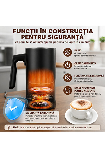 ellitiq Aparat de spumat lapte 4 in 1 Ellitiq, 400W, Spumator electric de lapte cald si rece, pentru Cappuccino, Latte si Ciocolata calda, spuma densa sau aerata, 350 ml, Cuva inox 304, Oprire automata, Negru