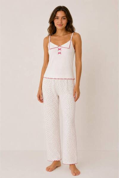JUMALLİ Women's Strappy Ribbon Detailed Patterned Comfortable Pajama Set