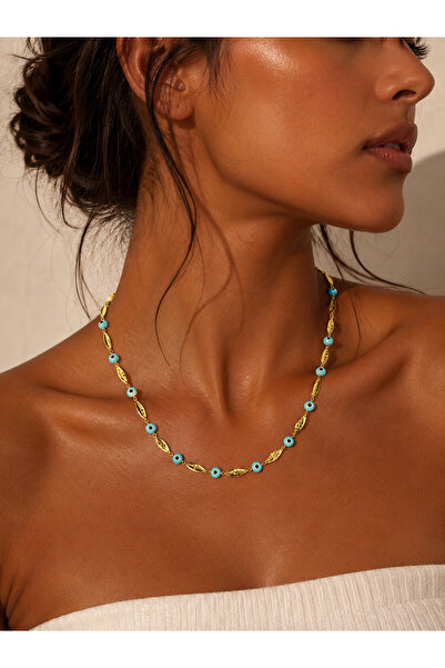 POSEİDONS JEWELLERY Turquoise Evil Eye Beaded Gold Color Leaf Necklace