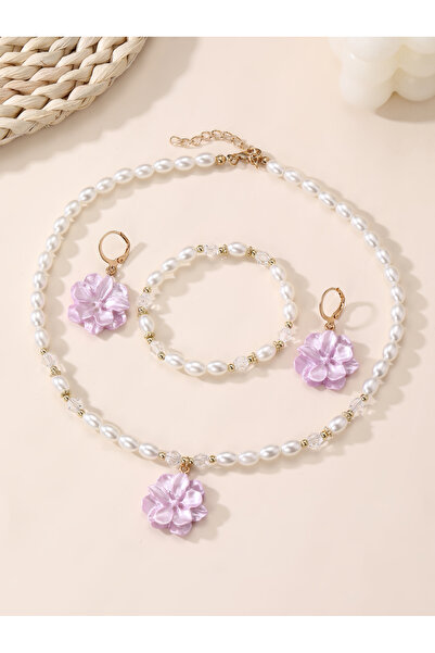 Take Two By Styli Girls Multi-Color Flower Charm Pearl Necklace, Bracelet and...