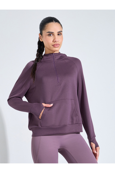 Styli Purple Solid Half-Zip Active Hoodie with Thumbholes