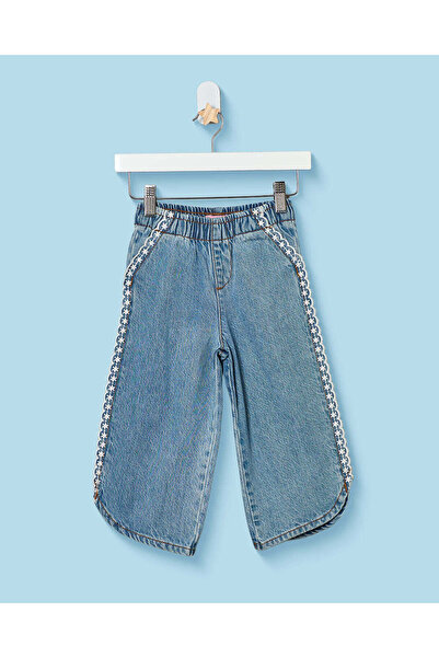 REDTAG Infant Girls Light Wash Wide Leg Jeans With Embroidered Side Trim