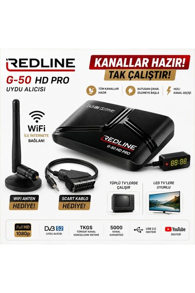 Redline G-50 HD Pro Full HD Uydu Alıcısı TKGS WiFi YouTube 5000 Kanal Tak Çal...