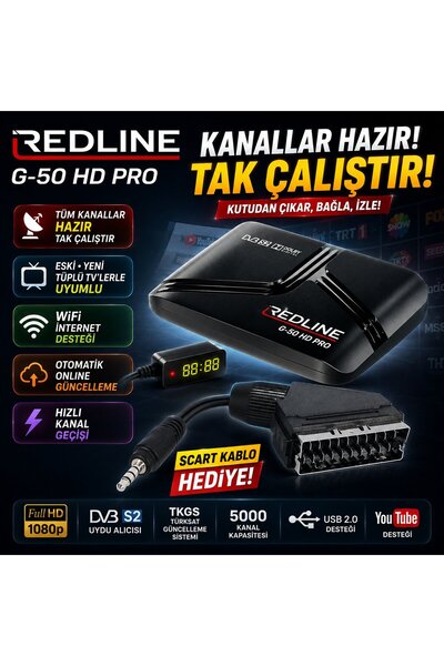 Redline G-50 HD Pro Full HD Uydu Alıcısı TKGS WiFi YouTube 5000 Kanal Tak Çalıştır Tüplü ve LED TV