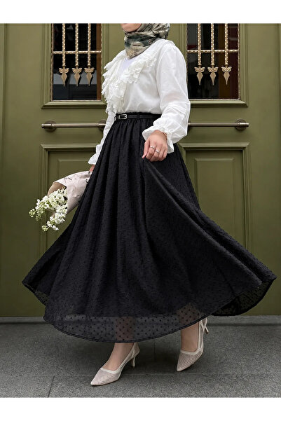 Lunsera Store Pıtırcık Fabric Belted Lined Long Skirt - Black