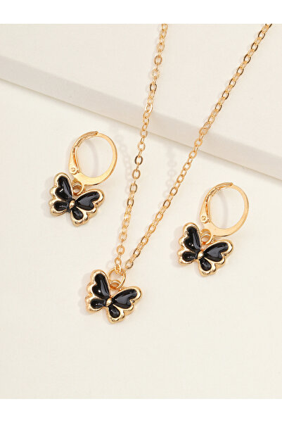 Take Two By Styli Girls Black Butterfly Pendant Necklace and Dangle Earrings Set