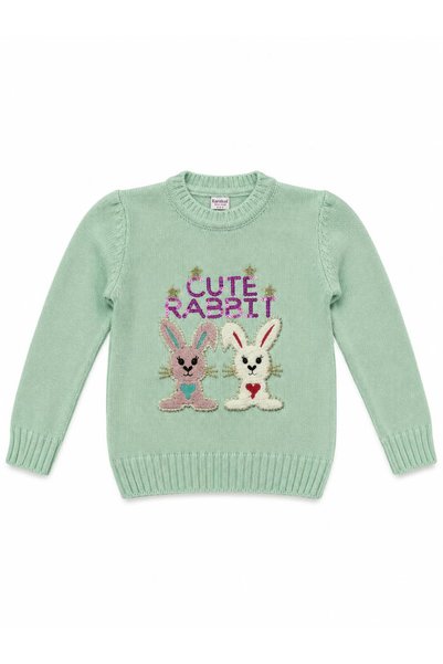 wees mod Kız Çocuk Örme Triko Kazak Rabbit Nakışlı Kışlık Kazak