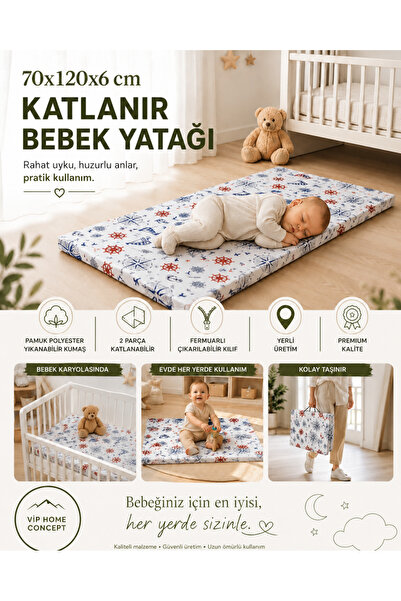 Vip Home Concept Katlanır Çocuk Yatağı Sünger Yer Yatağı Oyun Minderi Taşınabilir 70x120x6 cm-MARİN
