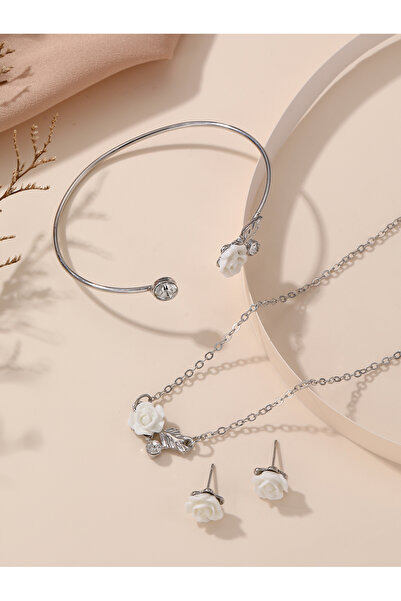 Take Two By Styli Girls Silver Tone Flower Charm Necklace, Bracelet and Earri...