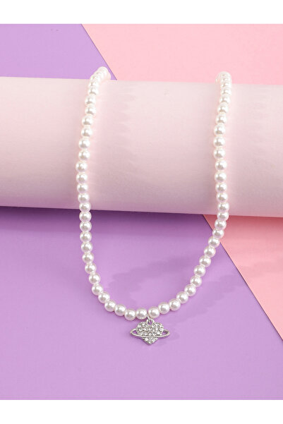 Take Two By Styli Girls White Pearl Beaded Necklace with Crystal Heart Pendant