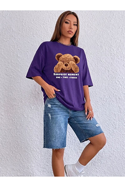 Flubutik Μπλουζάκι με στάμπα Shy Teddy Bear, 100% οργανικό βαμβάκι, άνετη εφα...