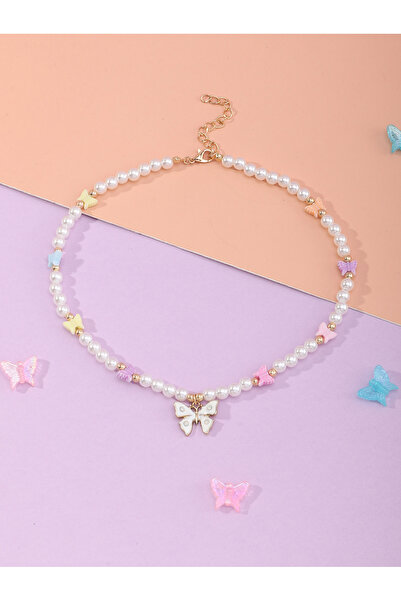 Take Two By Styli Girls Multi-Color Butterfly Charm Pearl Beaded Necklace