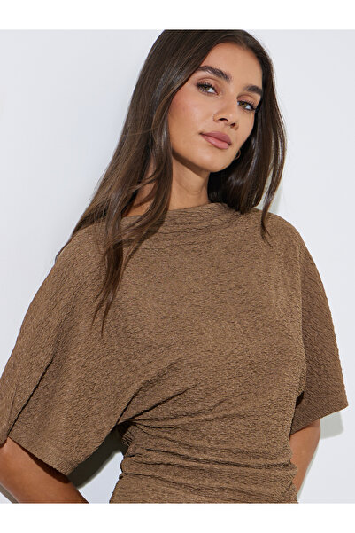 Styli Brown Solid Knit Short Sleeve High Neck Top