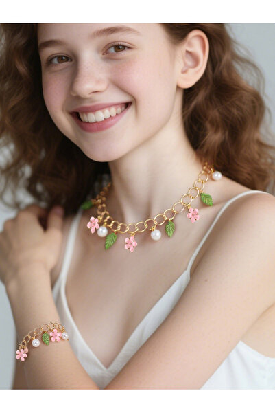 Take Two By Styli Girls Gold-Tone Flower and Pearl Charm Link Necklace and Br...