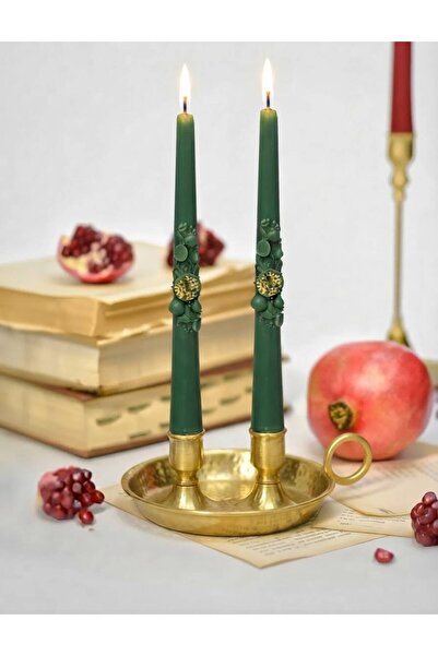 SCA CANDLE Dekoratif mum Şamdanlık Mum Nar Desenli 2 Kil mum Yeşil Renk