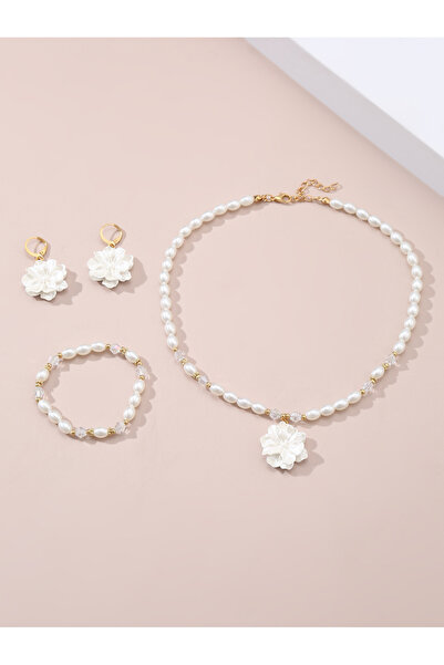 Take Two By Styli Girls White Flower Charm Pearl Necklace, Bracelet and Earri...