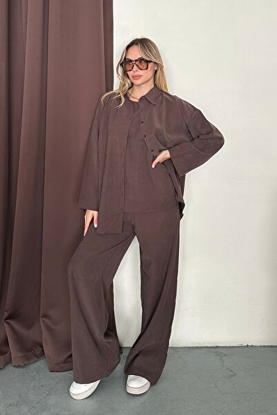 BEJNA Women's Soft Textured Shirt Blouse Palazzo Pants Triple Woven Set