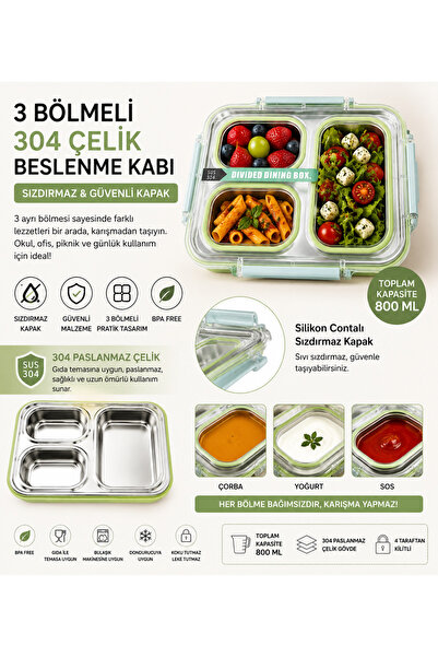 MUZEKO DİYET, BESLENME KABI MZK4003 SIZDIRMAZ KAPAKLI METAL 3 BÖLMELİ LUNCH B...