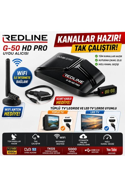 Redline G-50 HD Pro Full HD Uydu Alıcısı TKGS WiFi YouTube 5000 Kanal Tak Çalıştır Tüplü ve LED TV