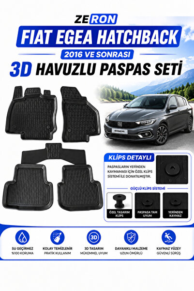 ZERON Egea Hatchback 2016 ve Sonrası 3D Havuzlu Paspas Seti Su Geçirmez Kaymaz Siyah 5 Parça