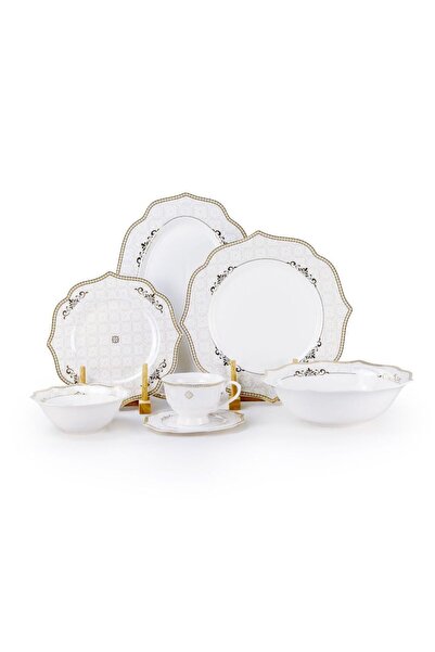 SHALLOW Zena 32 Piece New Bone China Dinner Set For 6 People – White With Gol...