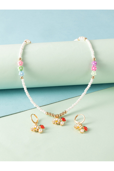 Take Two By Styli Girls Multi-Color Fower Charm Beaded Necklace and Earrings Set