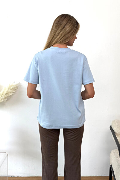 GİYSA Kadın Bisiklet Yaka Maison Köpek Baskılı T-Shirt Mavi - 26Y 4444
