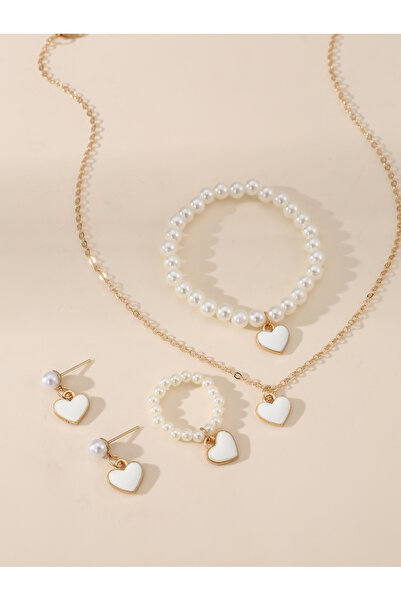 Take Two By Styli Girls White Heart Charm Necklace, bracelet, Ring and Earrin...