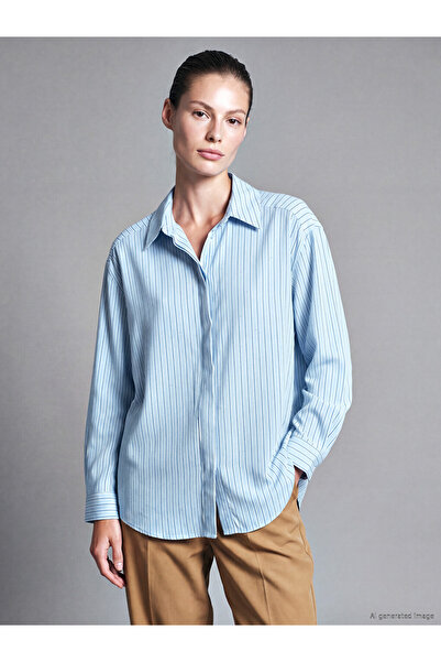 LC Waikiki Özmarka New Season Blue Stone Detailed Striped Poplin Women's Shirt