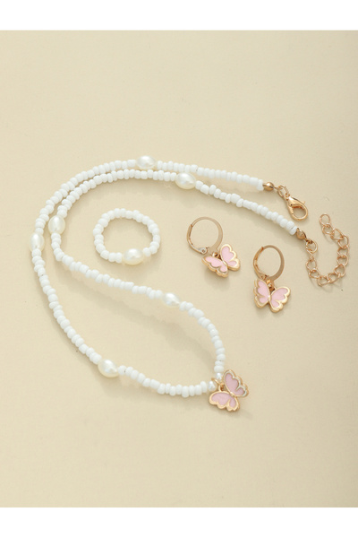 Take Two By Styli Girls White Butterfly and Pearl Beaded Necklace, Ring and E...