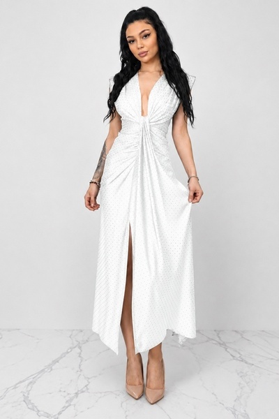 FashionForYou Μακρύ φόρεμα με κρύσταλλα JHOSY και βαθύ ντεκολτέ, ΛΕΥΚΟ, Μέγεθ...
