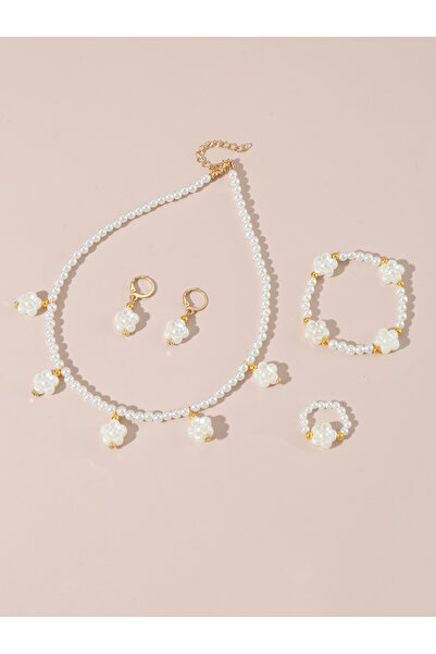 Take Two By Styli Girls White Flower Charm Pearl Necklace, Bracelet, Ring and...
