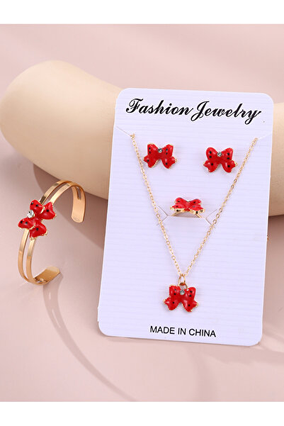 Take Two By Styli Girls Red Bow Charm Necklace, Bracelet, Ring and Earrings Set