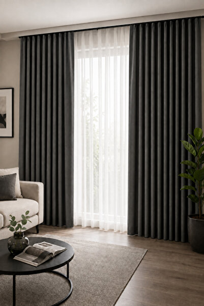 DEVRİM OLİVYA TEKSTİL Anthracite Single Wing Cornice Blackout Background Curt...