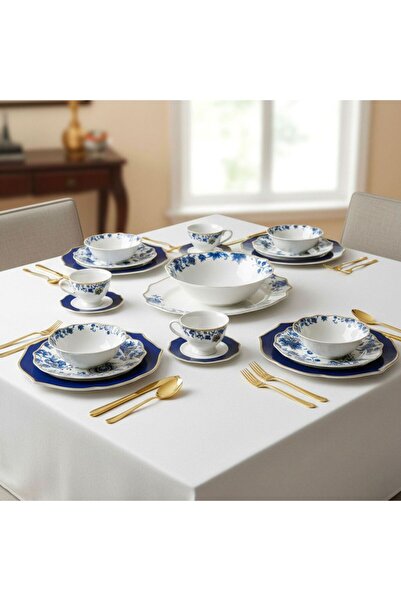 SHALLOW Rosy 32 Piece New Bone China Dinner Set For 6 People - White With Blu...