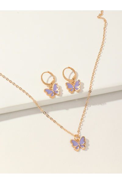 Take Two By Styli Girls Purple Butterfly Pendant Necklace and Earrings Set