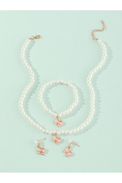 Take Two By Styli Girls Light Pink Butterfly Charm Pearl Necklace, Bracelet a...