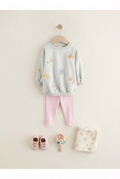 Next Baby Pamuklu Gri Pembe Baskılı Uzun Kollu Alt Üst Takım