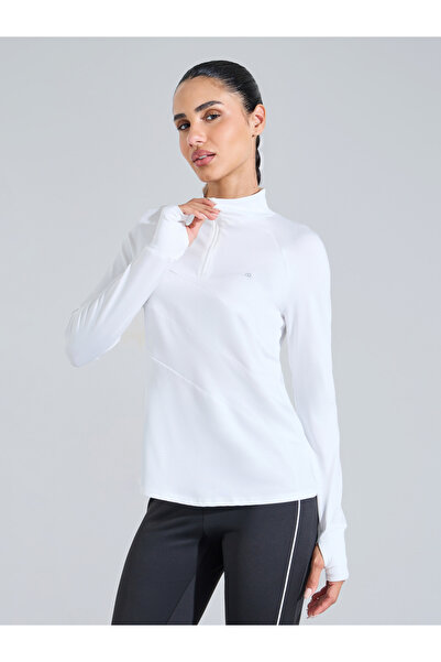 Styli White Solid High Neck Half-Zip Activewear Top with Thumbholes