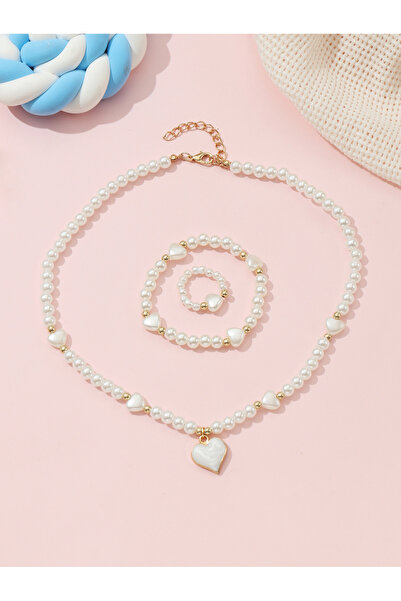 Take Two By Styli Girls White Heart Charm Pearl Beaded Necklace, Bracelet and...