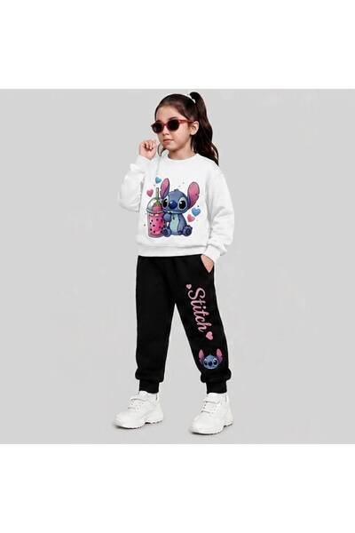 SİBELİZE Girl's White-Black Cute Character Printed Tracksuit Set
