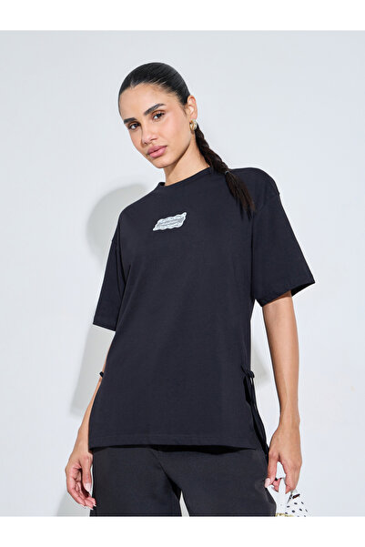 Styli Black Side Tie Detail and Graphic Print Knitted T-Shirt