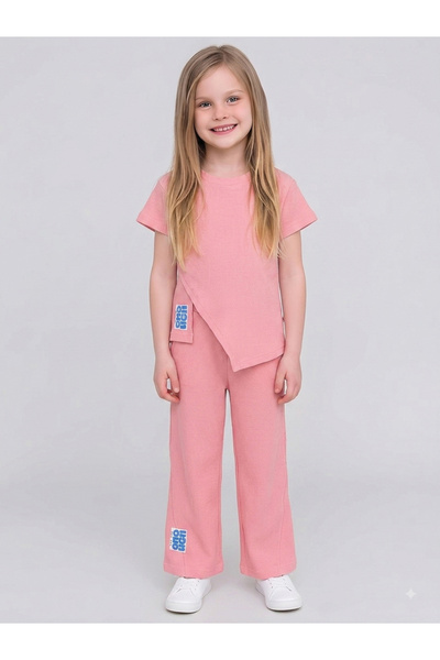 JUNIORLOOM By Styli Girls Light Pink Textured Patchwork Asymmetric Hem T-Shir...