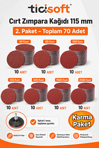 Ticisoft 115 mm Cırt Zımpara Kağıdı 70 Parça Karma Paket 40-80-100-120-400-15...