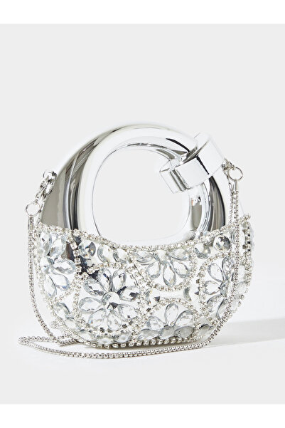 Styli Silver Tone Rhinestone Embellished Mini Clutch with Removable Chain Strap