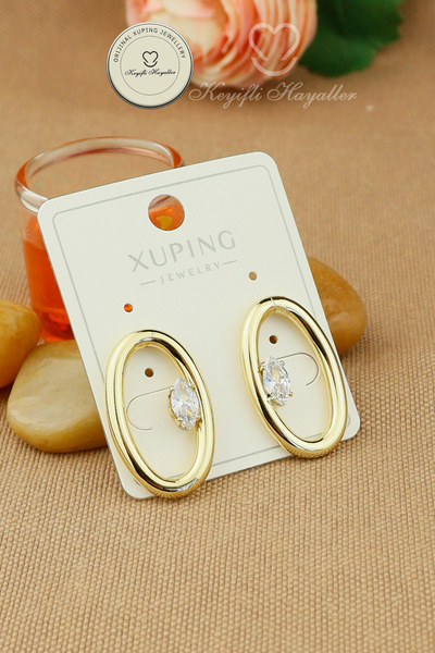 Keyifli Hayaller Xuping Earrings - Xuping Oval Hoop Model Gold Barley Stone S...