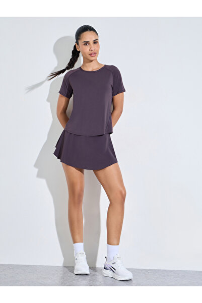 Styli Purple Solid Back Mesh Insert Top and Mini Skirt Activewear Set